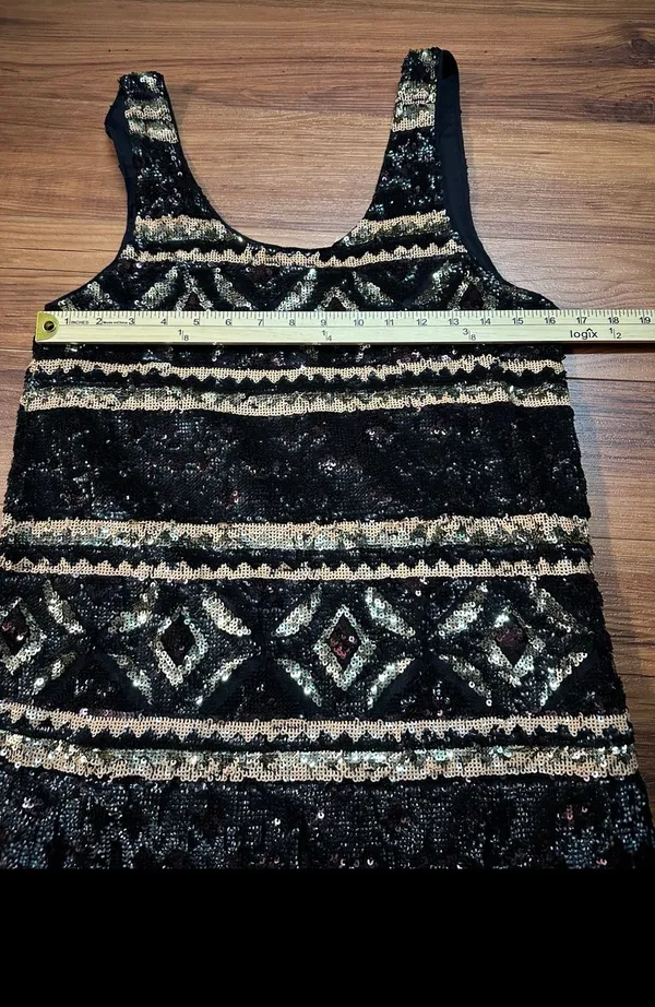 FREE PEOPLE Women’s M Geometric Print Sequin Shift Dress Black Tan Gold size XS - Image 3