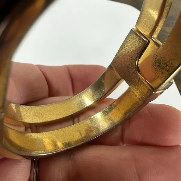 Loewe Gold Tone Black Leather Hinged Bangle Cuff Bracelet 7in Logo Designer - Image 13