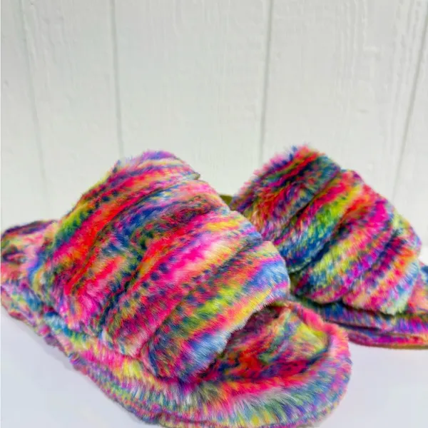 UGG Multicolor Fluffy Slippers with Lime Strap - Image 6