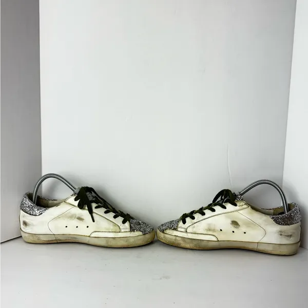 Golden Goose White Sneakers with Silver Glitter and Leopard Star Size 39 - Image 16
