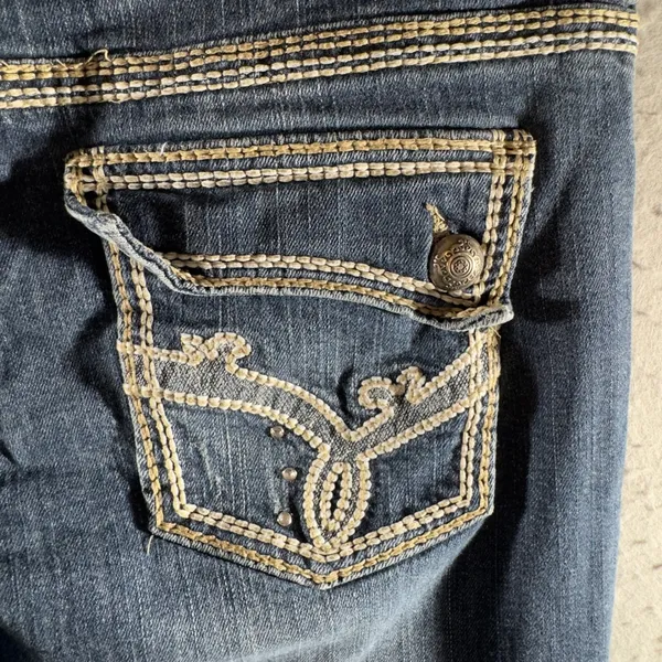 1608 | Miss Me Embroidered Flap Pocket‎ Bootcut Cowgirl Jeans Blue Womens 31 Y2K - Image 7
