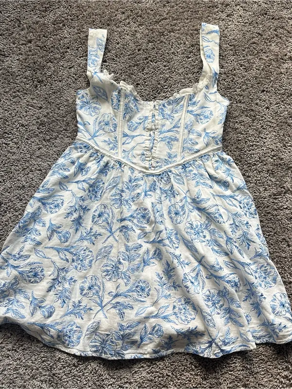 For Love & Lemons White and Blue Maisie Linen Floral Brocade Corset Mini Dress - Image 2