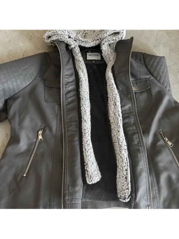 Novish Womens Gray Faux Leather Jacket with Sherpa Hood - Image 2