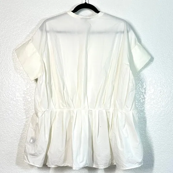1X Plus Size Victoria Beckham White Poplin Gathered Waist Top Minimalist Blouse - Image 4