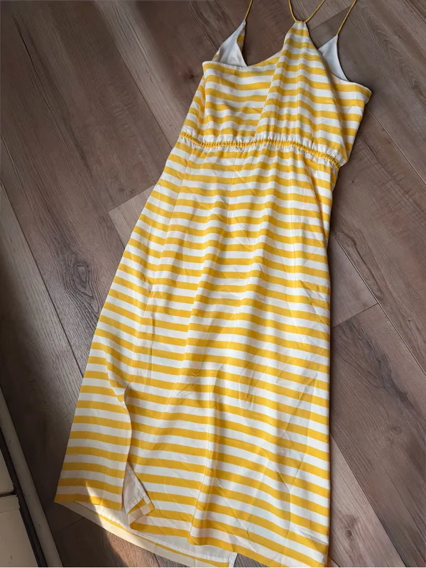 J.Crew 100% Silk Yellow White Striped Maxi Dress Side Slits - Image 3