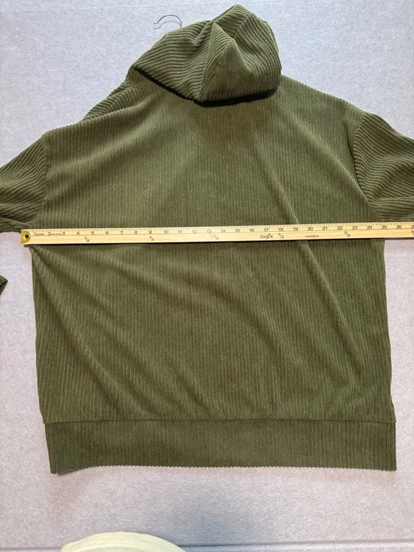 Olive Green Corduroy Oversized Pullover Hoodie with Pocket - Image 3
