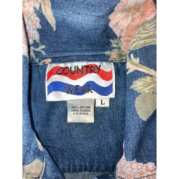 Vintage 90s Floral‎ Denim Shirt Women L Button Up Retro Western S/S Rodeo Boho - Image 5