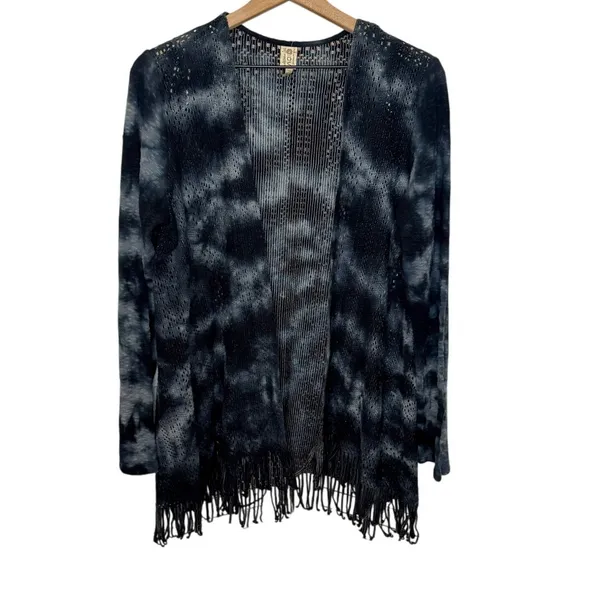 XCVI Women's L Cotton Fringe Open Crochet Knit Cardigan Sweater Bleached Tie Dye - Image 2