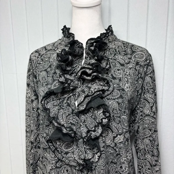 Ralph Lauren Black White Paisley‎ Ruffle Front Long Sleeve Cotton Blouse Size XL - Image 3