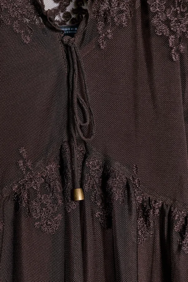 ZARA Sheer Brown Lace-Trim Peasant Bohemian Flared Sleeve Blouse Top - Image 9