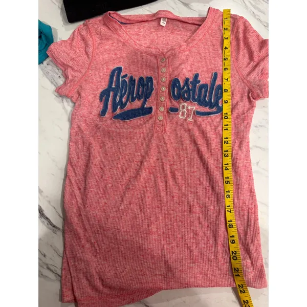 Aeropostale Vintage Pink Marl Henley Logo Graphic Tee Shirt XL Y2k Preppy‎ - Image 7