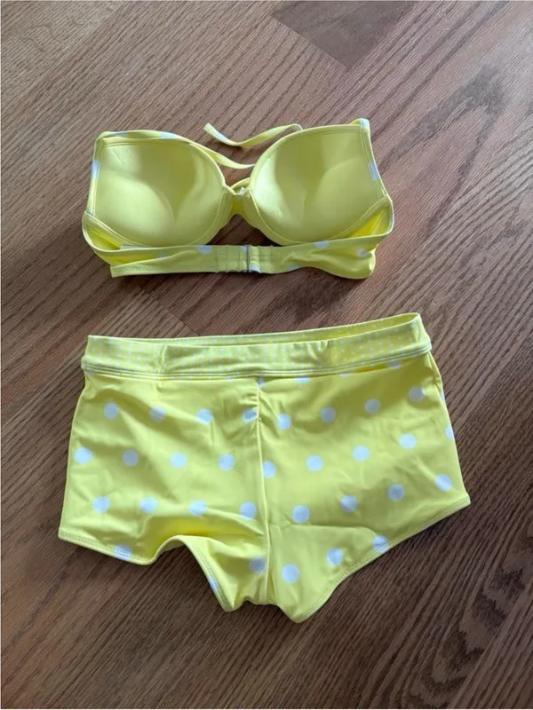 Frankie's Bikinis Yellow & White Polka Dot Halter Bikini Set - Image 2