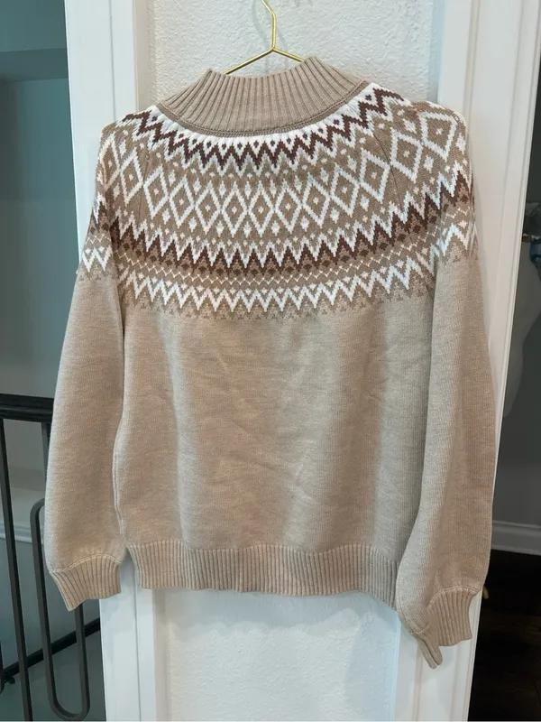 Sugarlips NWT Beige Brown Fair Isle Nordic Mock Neck Sweater Small - Image 2