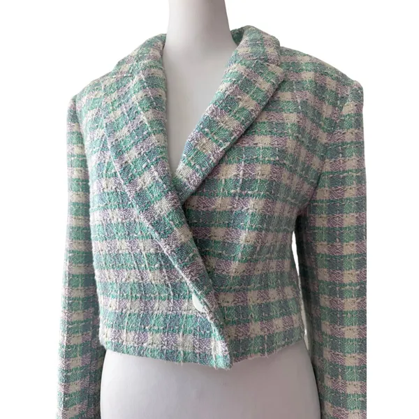 Zara Sea Green, Lavender & White Textured Cropped Single Breasted Blazer - Image 3