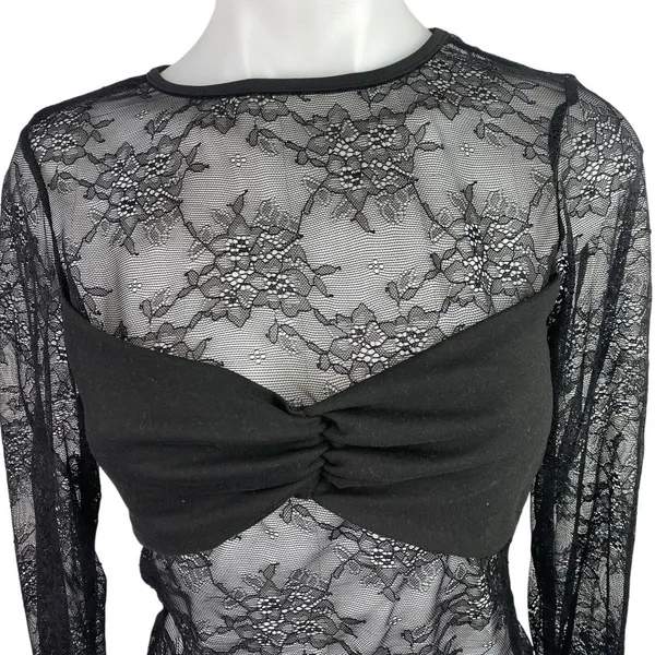 Women's Black Floral Lace Long Sleeve Sheer See Trough Crop BlouseTop Size S - Image 3