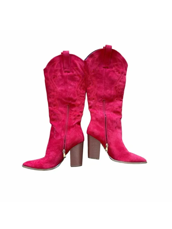 Women's Tall Red Faux Suede Western Theme Block Heel Boot Size 6.5 #2602028 - Image 5