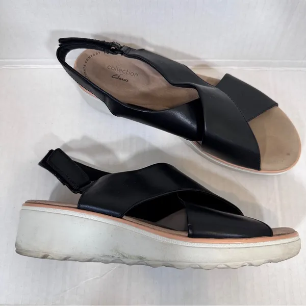 Clarks Black Leather Strappy Wedge Sandals Womens 10 Comfort Shoes Beachy Summer - Image 9