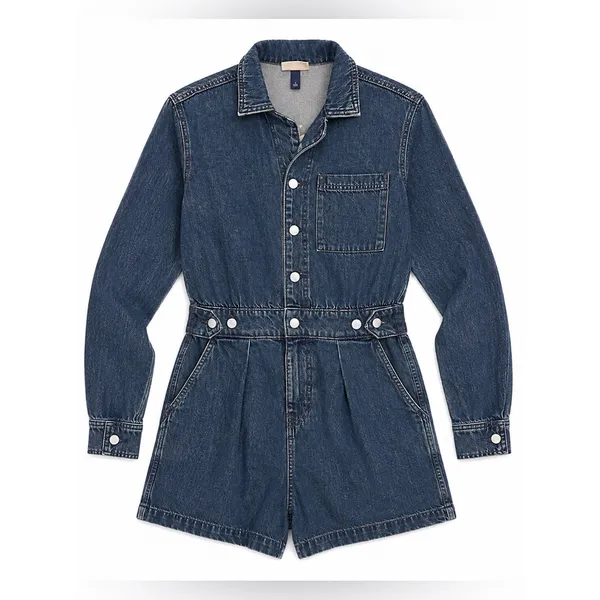 Universal Thread Women’s Denim Utility Romper Long Sleeve Button Front Blue - Image 2