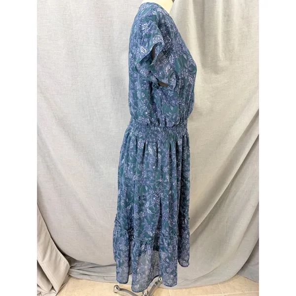 Voy Teal Blue Floral‎ Midi Dress Smocked Waist Flutter Sleeve L Cottagecore - Image 4