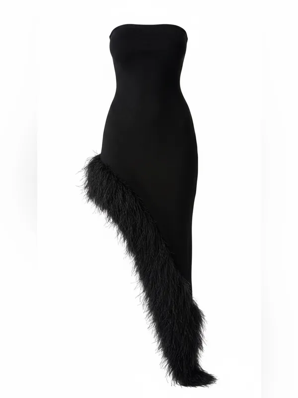 NBD Aubrey Asymmetrical Faux Fur Trim Strapless Dress, Black, XS - Image 2