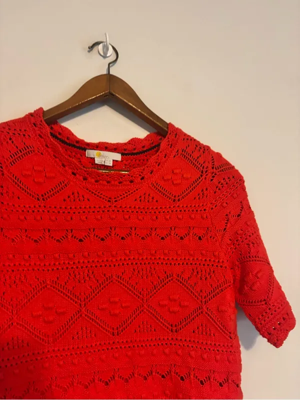 Boden Bright Red Women's Knit Crochet Claudia Mini Textured Summer Shift Dress - Image 5