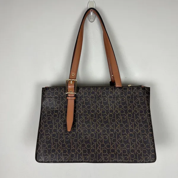 Calvin‎ Klein Signature Tote Shoulder Bag Brown CK Monogram Print Brown Leather - Image 5