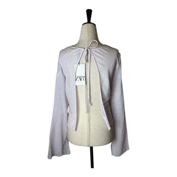 Zara Shirt Women‎ XS Purple Lilac Sheer Raw Seam Detail Tie Neck Open Back Top - Image 2