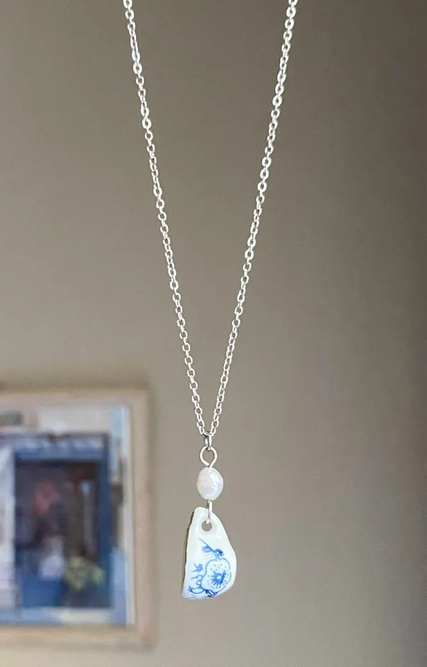 Handmade porcelain tea cup & freshwater pearl unique fun fairy antique style necklace🫖🍃🌀 - Image 3