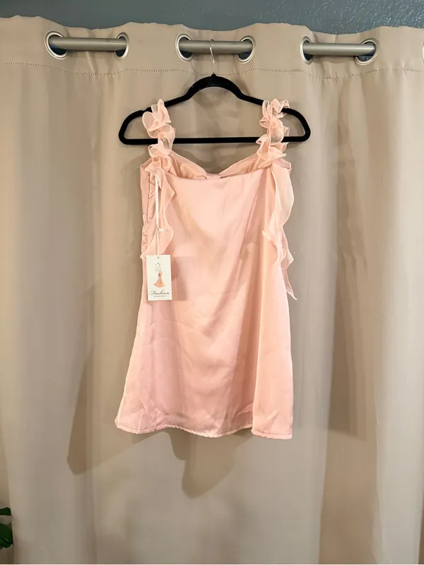 NWT Fashion Light Pink Satin Slip Dress with Ruffle Straps - Image 3