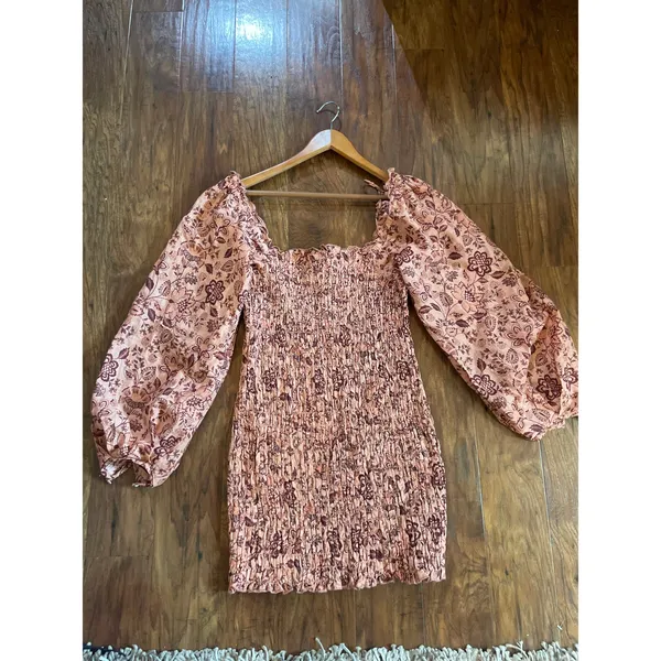 FREE PEOPLE Smock it to Me Mini Dress Puff Sleeve BOHO PRAIRIE FEMININE Size L - Image 3