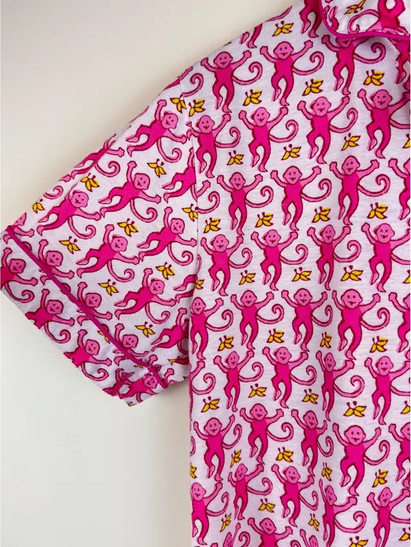 Pink Monkey Print Pajama Set Short Sleeve Top & Shorts Size L - Image 4
