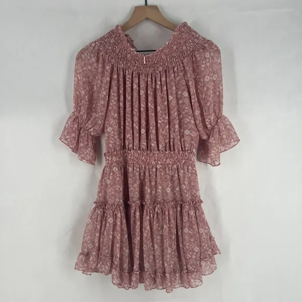 Misa Los Angeles Tiered A Line Mini Dress Womens Small Dusty Rose Floral Smocked - Image 2
