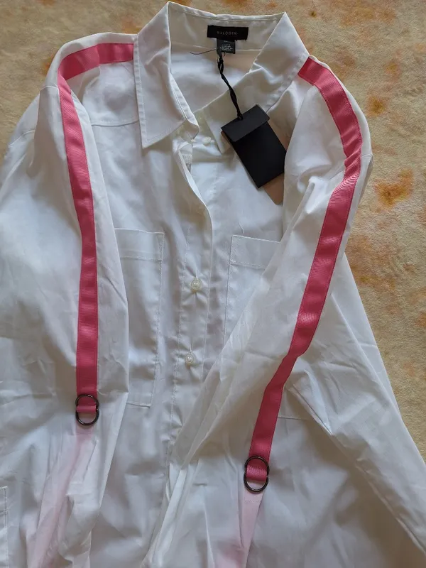 NWT Halogen Nordstrom M White Shirt Pink Satin D-Ring Utility Straps Oversized - Image 5
