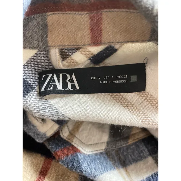Zara Brown Wool Plaid Check Collared Long Sleeve Button Down Shirt Coat Jacket S - Image 5