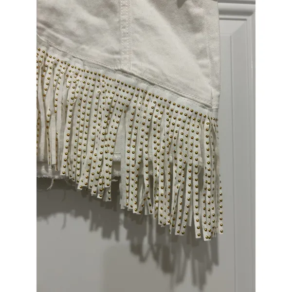 Western Fringe White denim Mini Skirt size Medium Boho Festival Country Concert - Image 4
