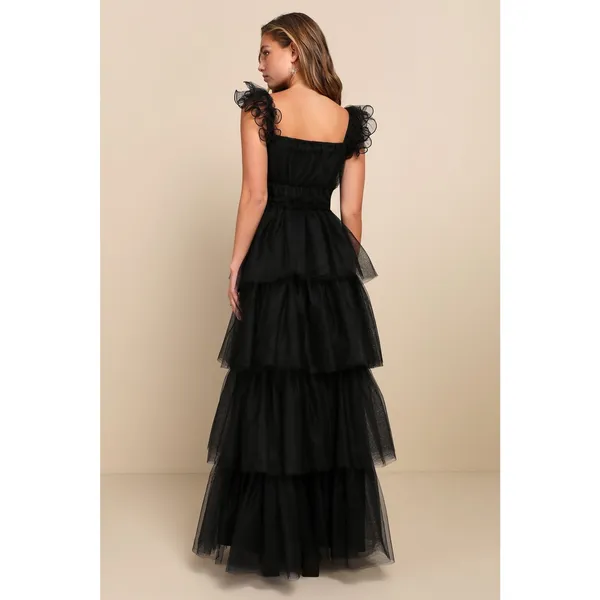NWT Lulus Tulle For Love Black Mesh Tulle Tiered Ruffled Maxi Dress Wedding XXL - Image 3