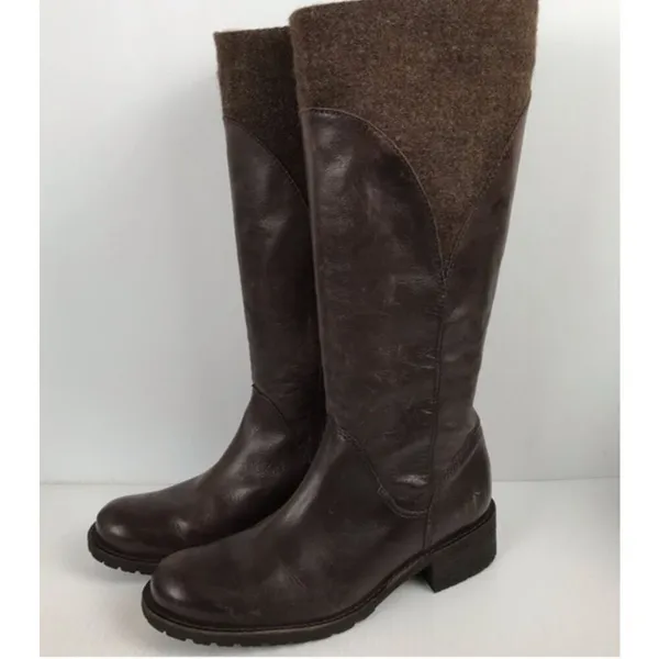L.L. Bean Women’s Brown Leather Wool Side Zip Knee High Boots Lug Sole Riding Si - Image 2