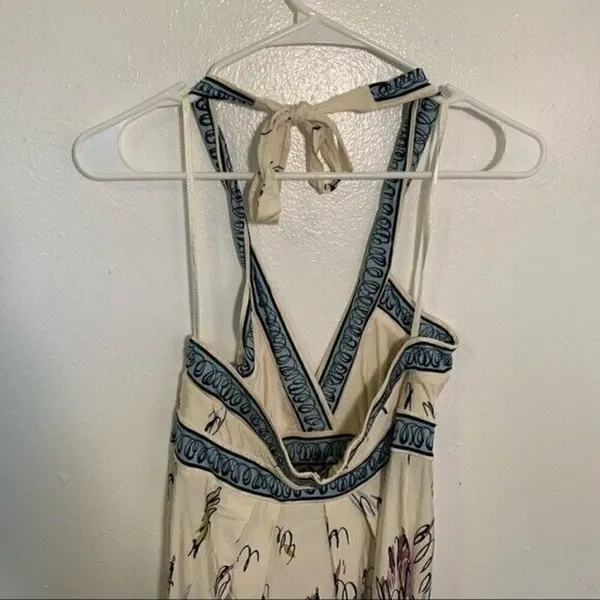 BCBGMAXAZRIA Women's Size XS Halter Sun Dress‎ Cream Blue Floral Surplice Neck - Image 9
