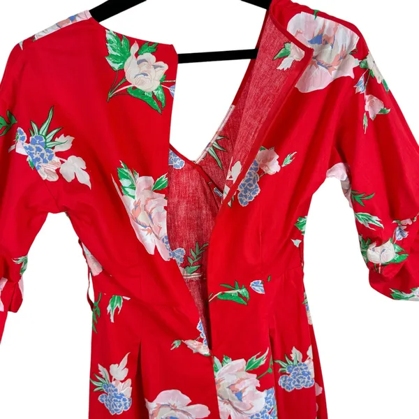 Miss Selfridge Red Floral 3/4 Ruffled Sleeve Fit‎ & Flare Mini Dress Size 2 - Image 6