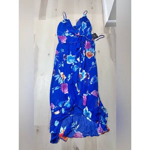 Lulus NWT Women Large Royal Blue Ladean Floral Print Ruffled Wrap Maxi Dress - Image 5
