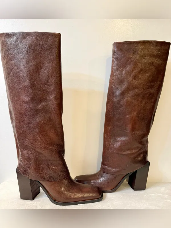 NWT Emauele Crasto Leather Fold Over High Shaft Boots in Brown Size 39 - Image 7