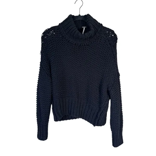 Free People Black Chunky Knit Turtleneck Sweater Womens XS Pullover Boho Fall - Image 2