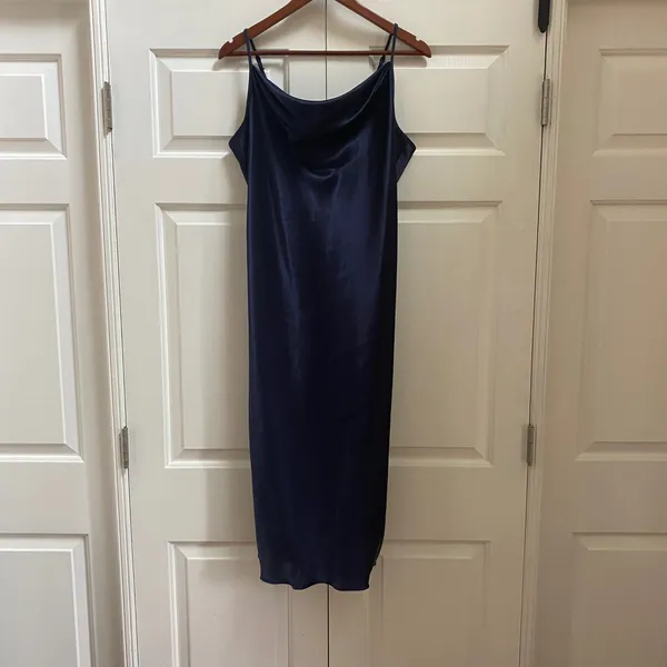 Y2K Bebe Slip Dress XL Navy Blue Cowl Neck Satin Midi Cocktail - Image 2