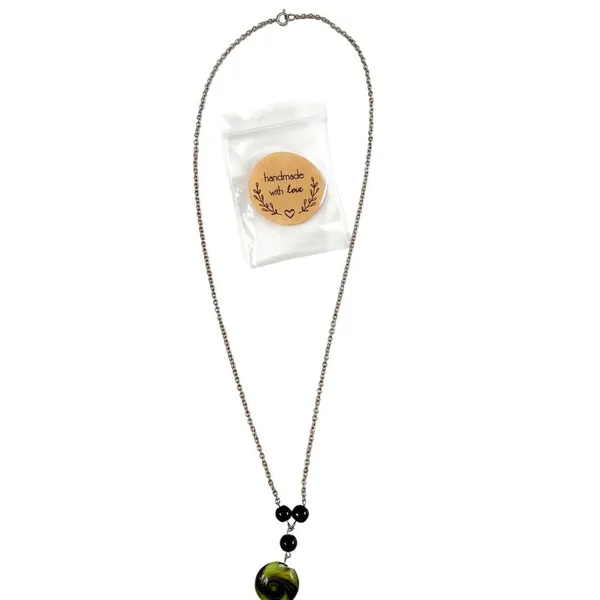Handcrafted Silver Chain Black & Green Stone Beaded Long Necklace Single Clasp - Image 4