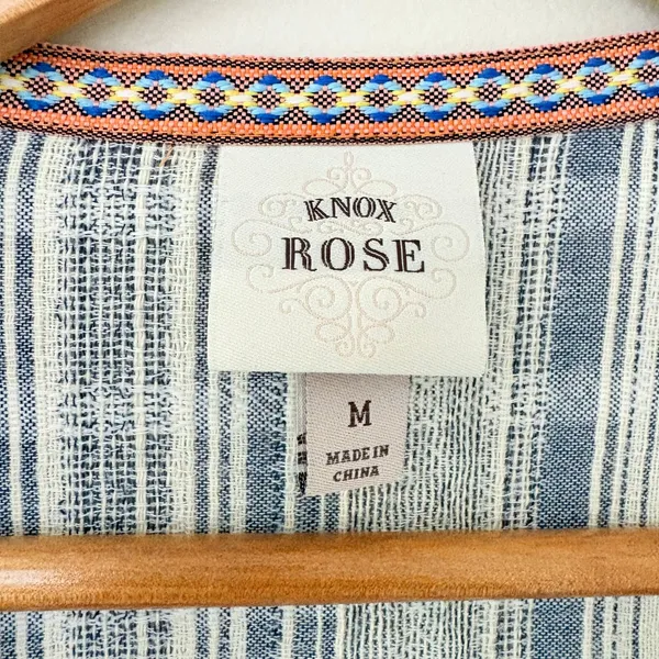 Knox Rose Cardigan Top M Cotton Boho Embroidered Fringe Blue Cream Peasant - Image 5