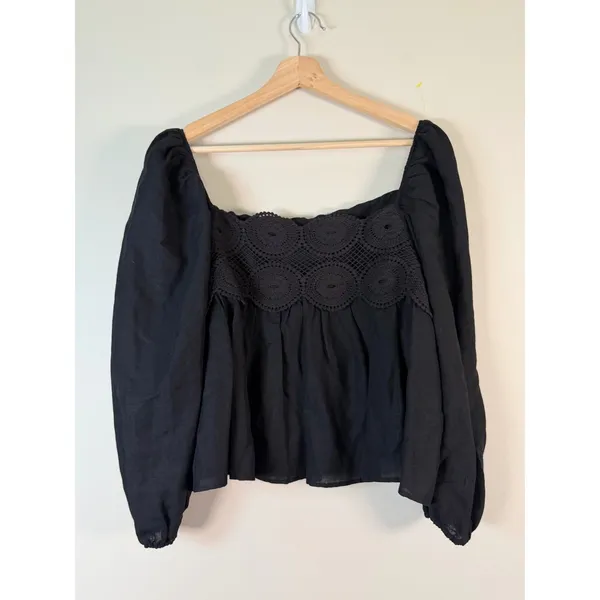 Free People Black Crochet Lace Inset Square Neck Whimsigoth Babydoll Blouse L‎ - Image 2