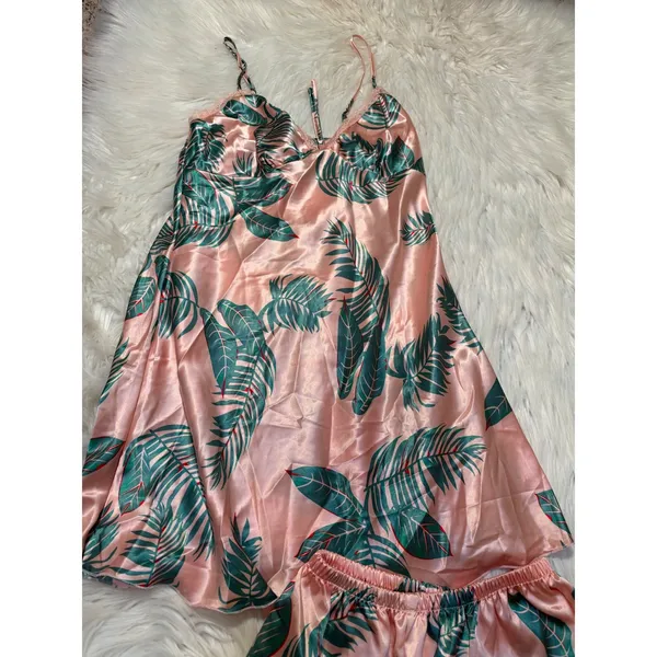 Women's Sz Medium Pajama Set Sleeveless Light Pink Green Palm Print Satin V-Neck - Image 2
