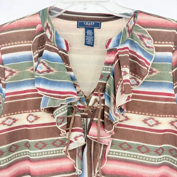 Chaps Denim Southwestern Womens Top Sz L Ruffle Lace Up Aztec Boho Y2K Western - Image 3