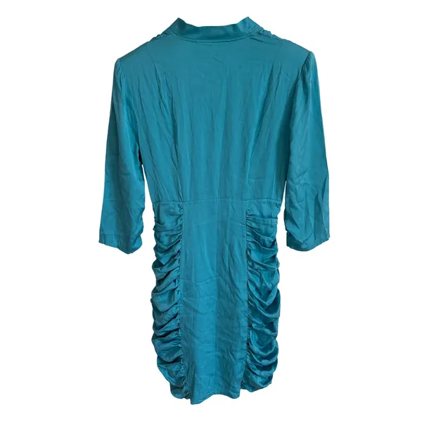 Catherine Malandrino Turquoise Silk Ruched V-Neck Mini Dress Size 8 Teal 3/4 Slv - Image 2