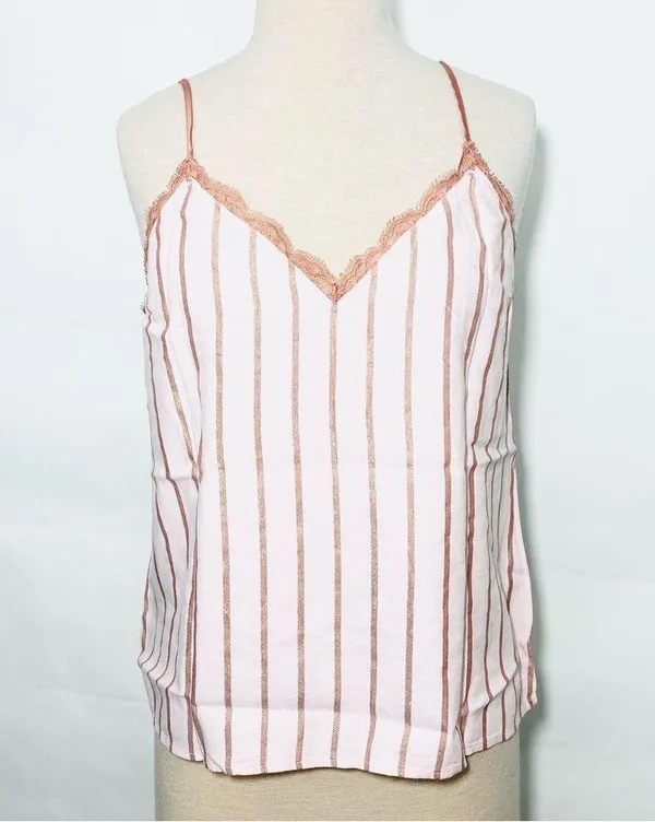 NWT Victoria’s Secret Striped Metallic Pink Flannel Lace V-Neck Cami tank - Image 3